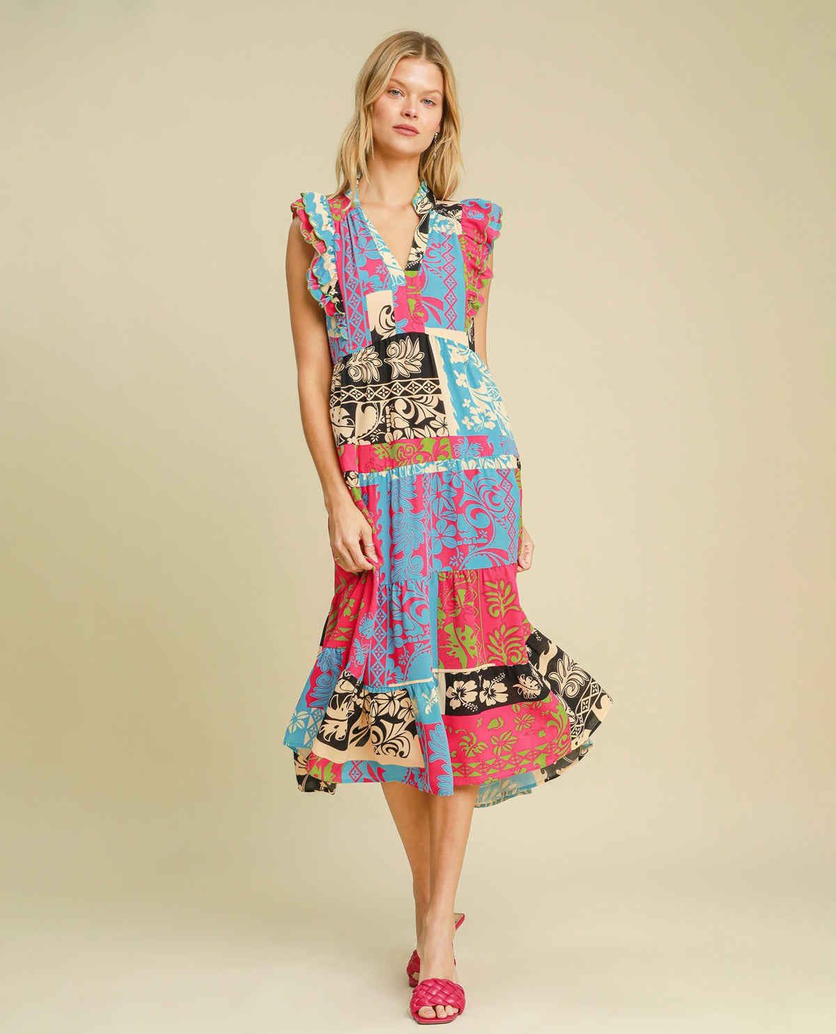 Tiered Mixed Print Maxi Dress