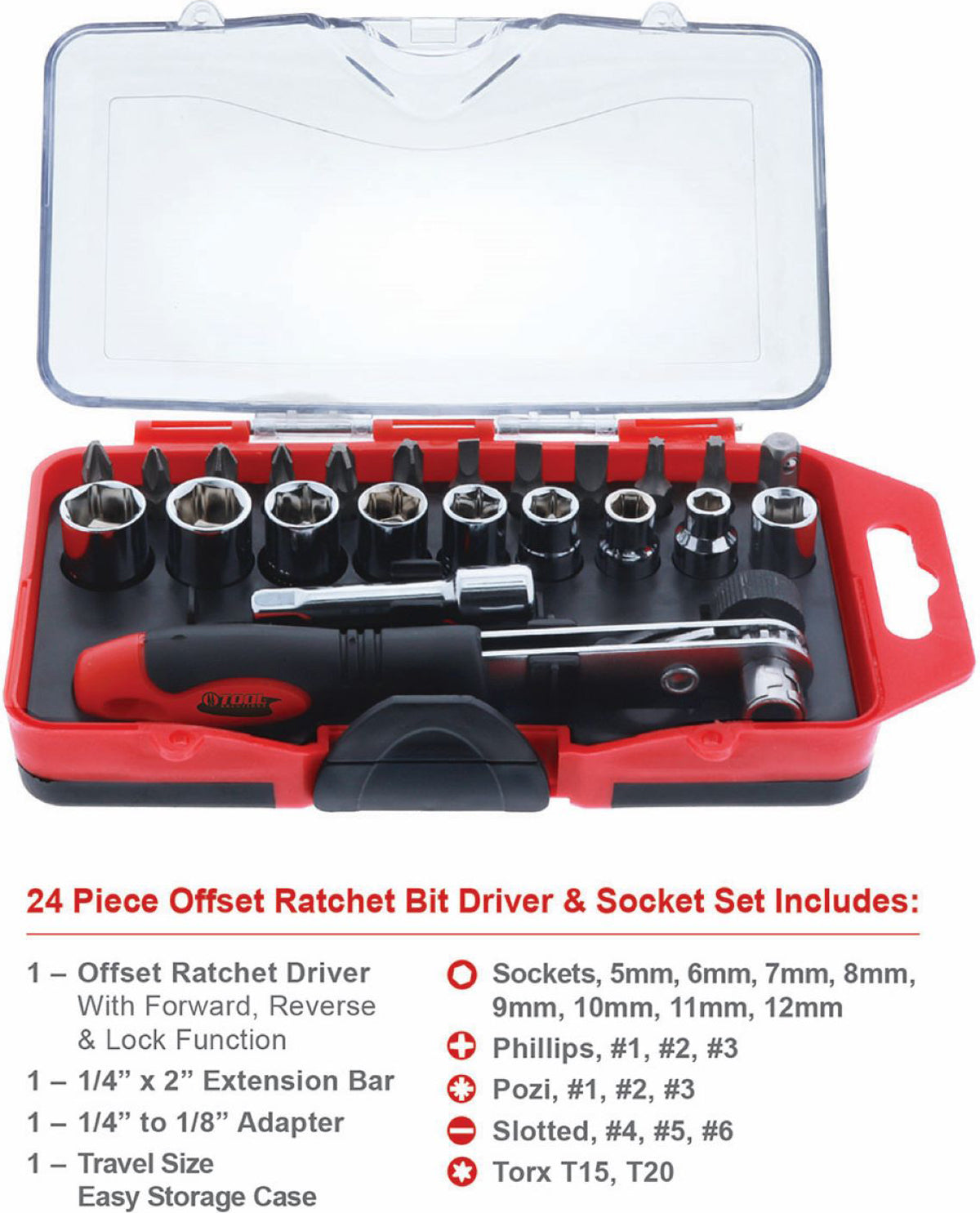 24 Piece Offset Ratchet Bit Driver & Socket Set