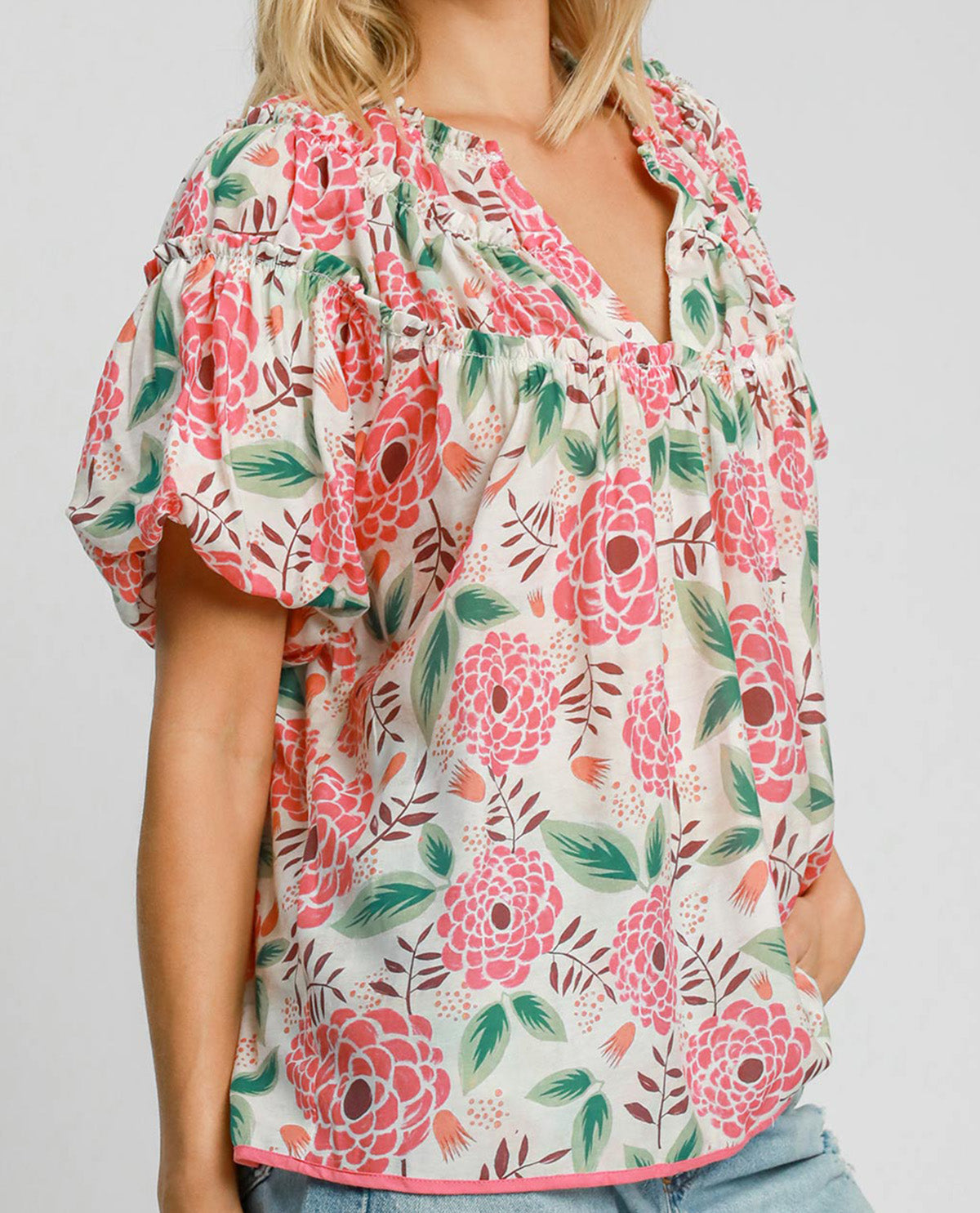 Floral Print Top with Puffed Sleeves