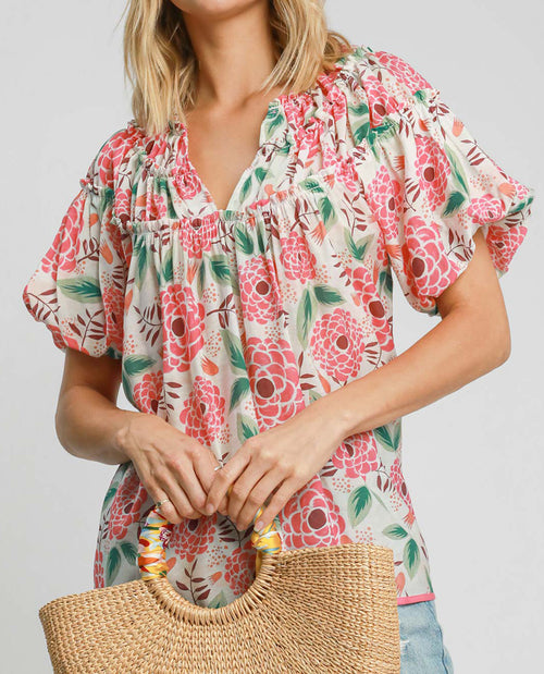 Floral Print Top with Puffed Sleeves