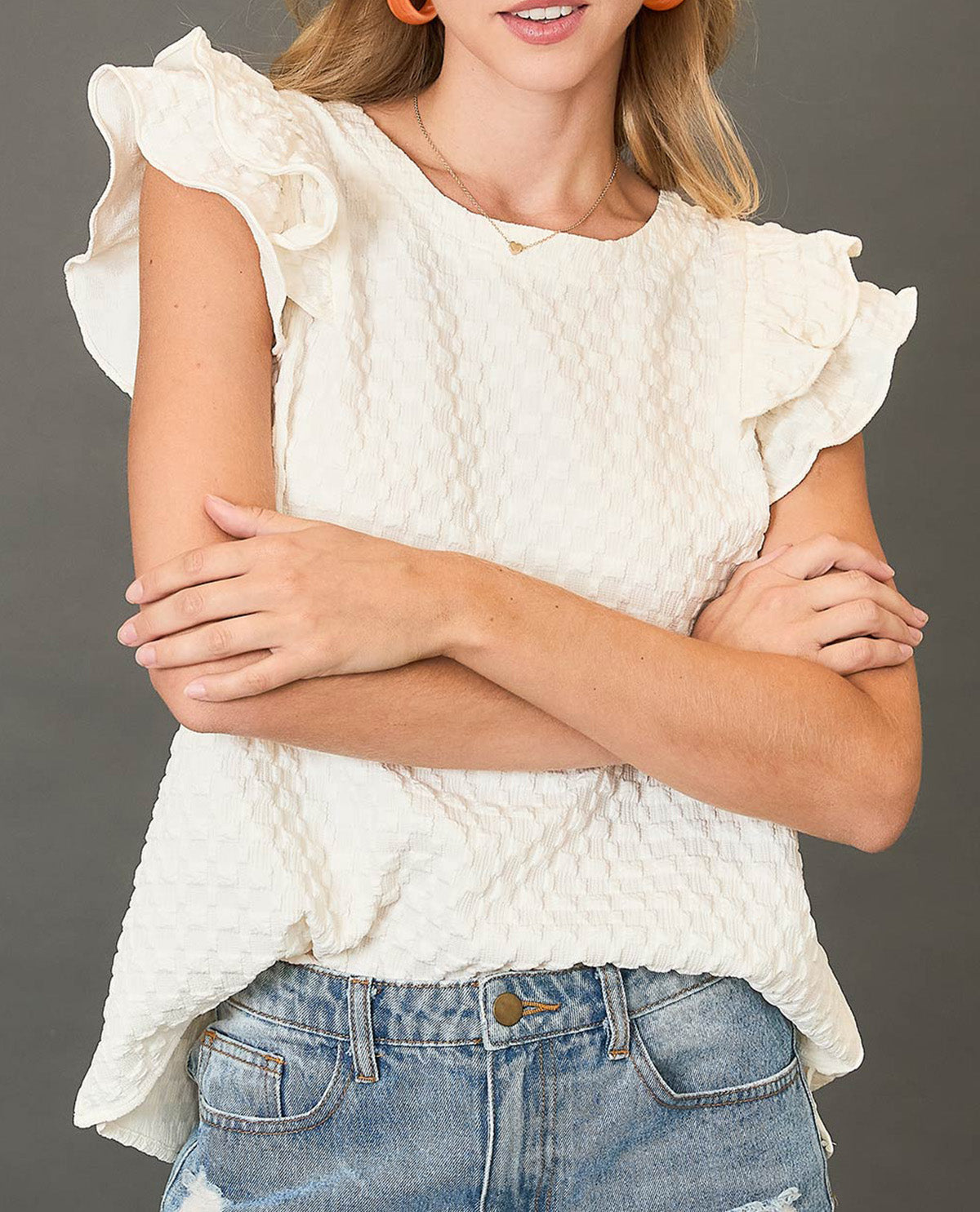 Textured Jacquard Top with Short Ruffled Sleeves