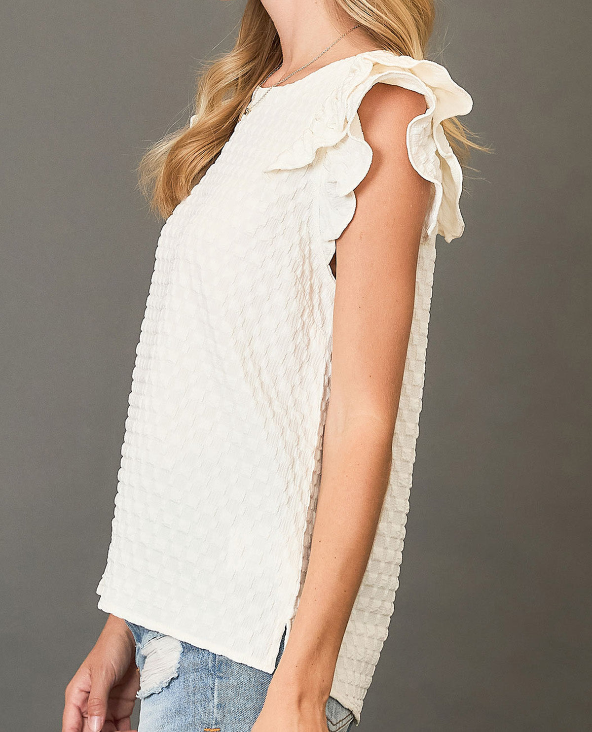 Textured Jacquard Top with Short Ruffled Sleeves