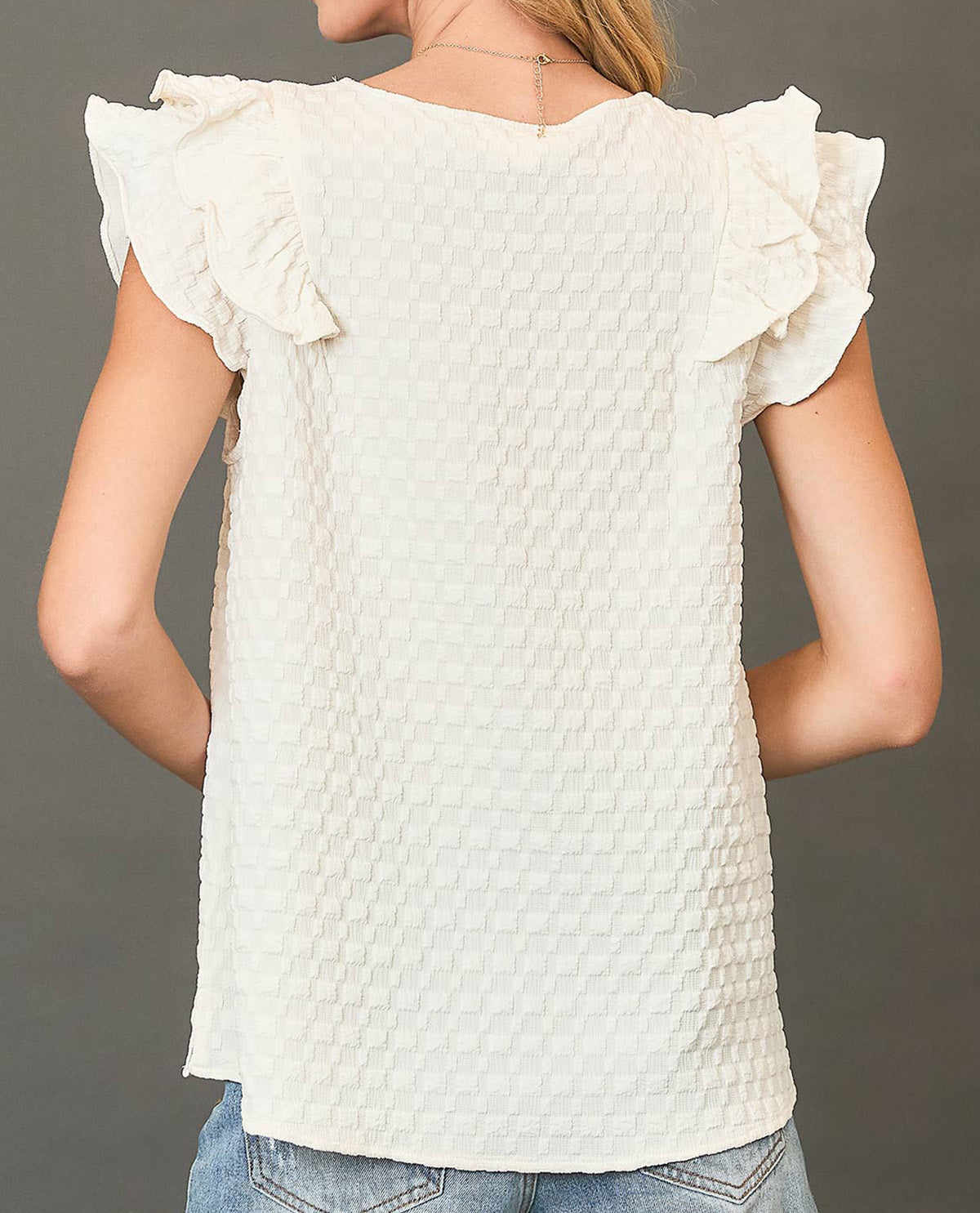 Textured Jacquard Top with Short Ruffled Sleeves