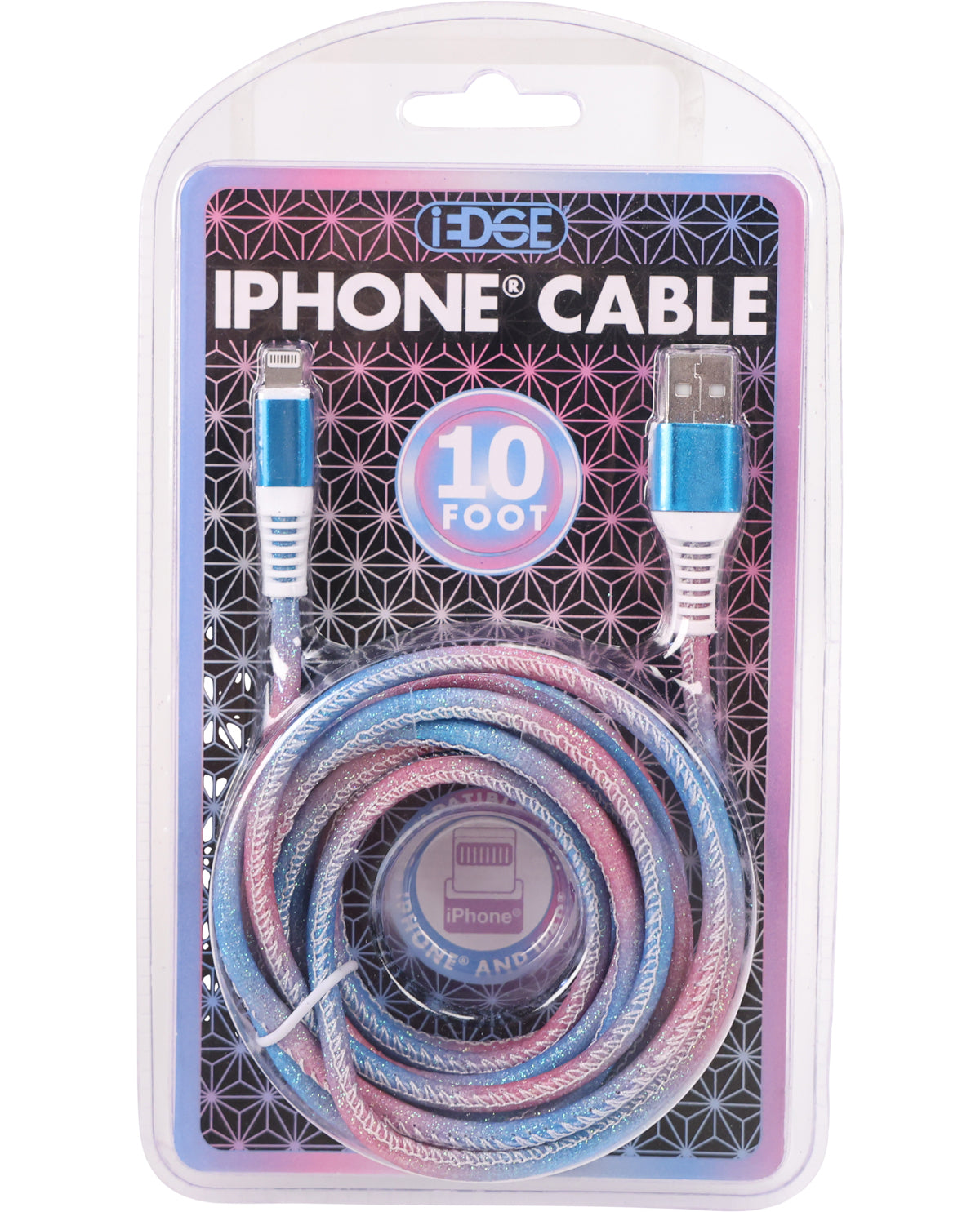 An iPhone cable in its retail blister packaging, featuring a braided cable with a pink, blue, and purple iridescent sheen. The packaging displays the brand 'iDEE' and highlights a 10-foot length.