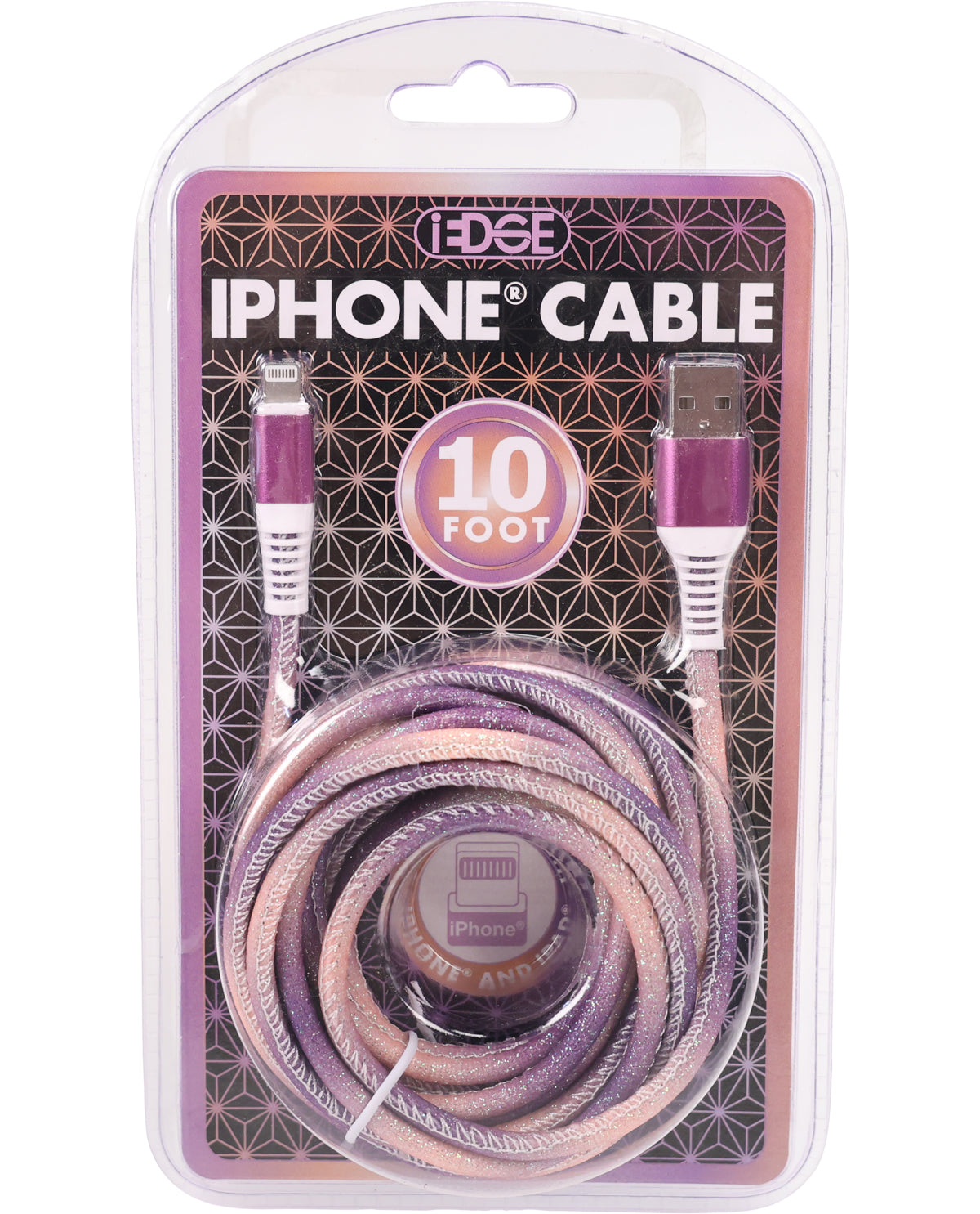 An EDGE brand 10-foot iPhone cable in its original blister packaging. The cable features a metallic lavender and rose gold braided design with white Lightning and USB-A connectors.
