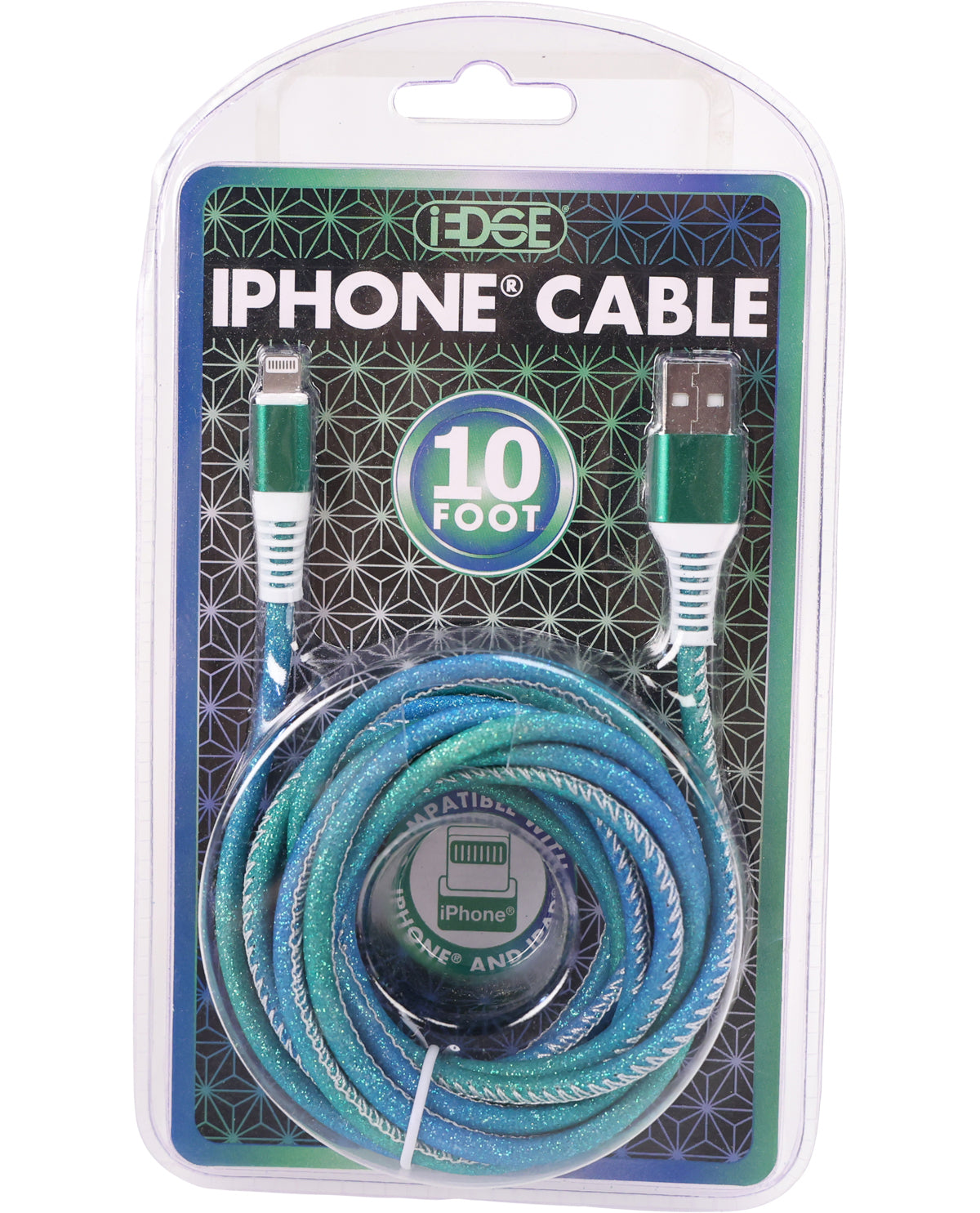 A 10-foot braided iPhone cable in green, blue, and teal colors, packaged in a clear plastic blister pack with a printed backing card.