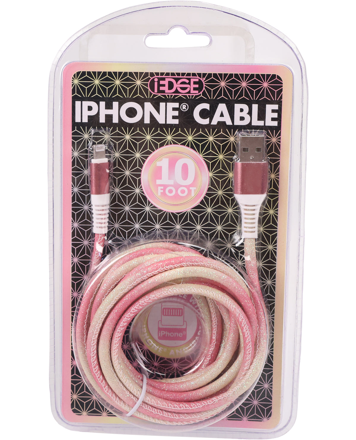 A 10-foot braided iPhone cable in pink and beige, packaged in a clear plastic blister pack with a black and pink card backing.