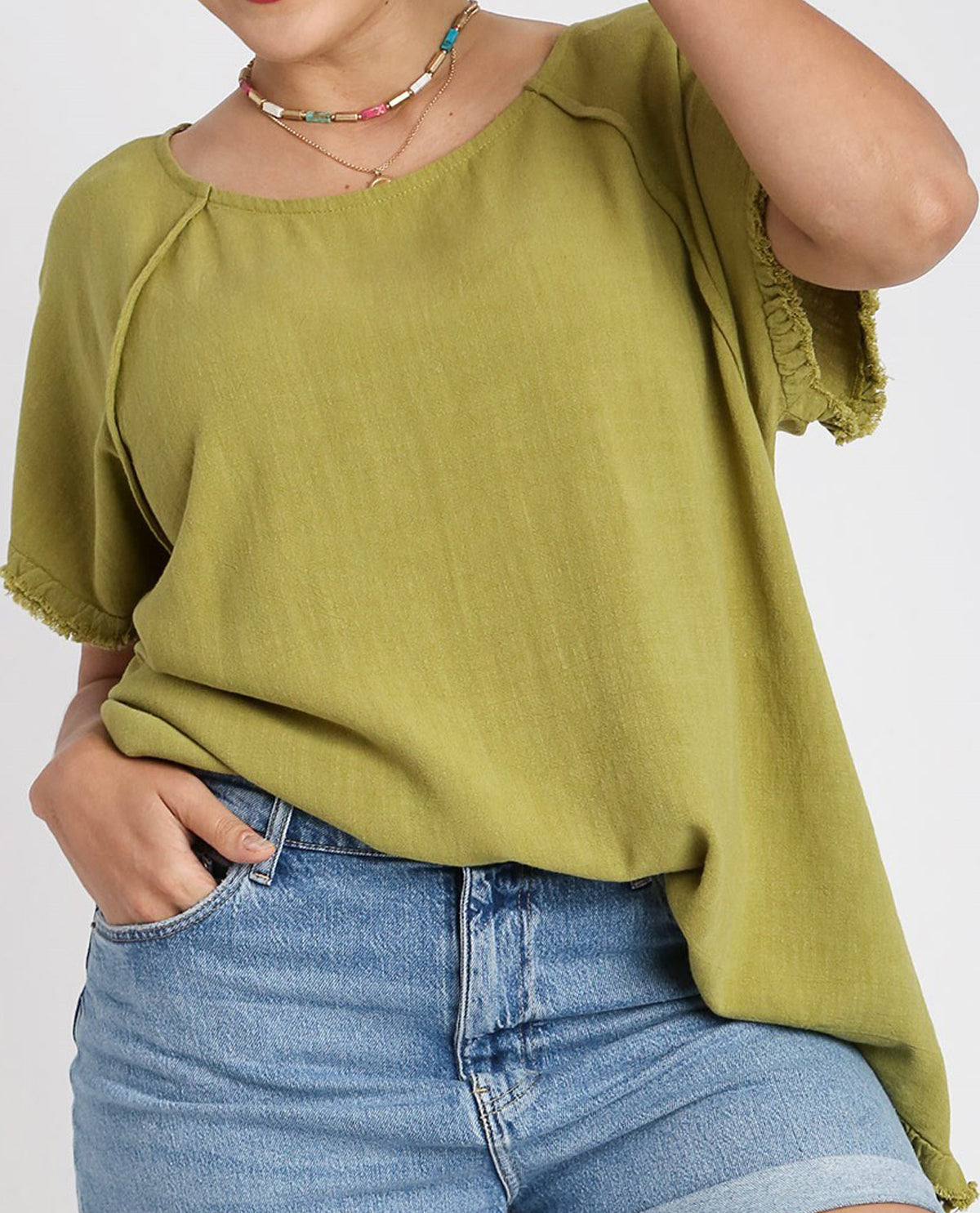 Plus Linen Ruffle Fringe Edge Top