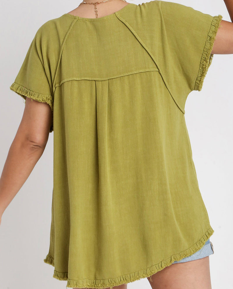 Plus Linen Ruffle Fringe Edge Top