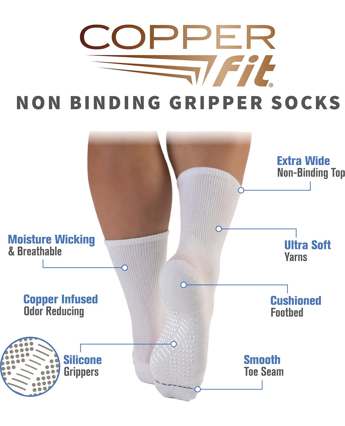 White Copper Fit Diabetic Gripper Socks - Small/Medium