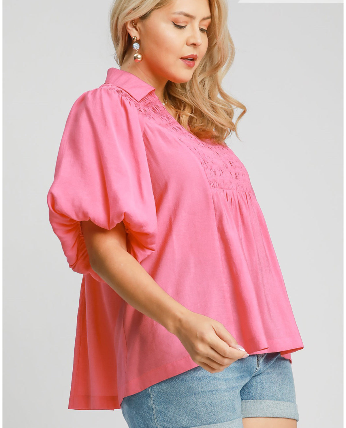 Plus Bubble Sleeve Top with Front Yoke and Smocking Details