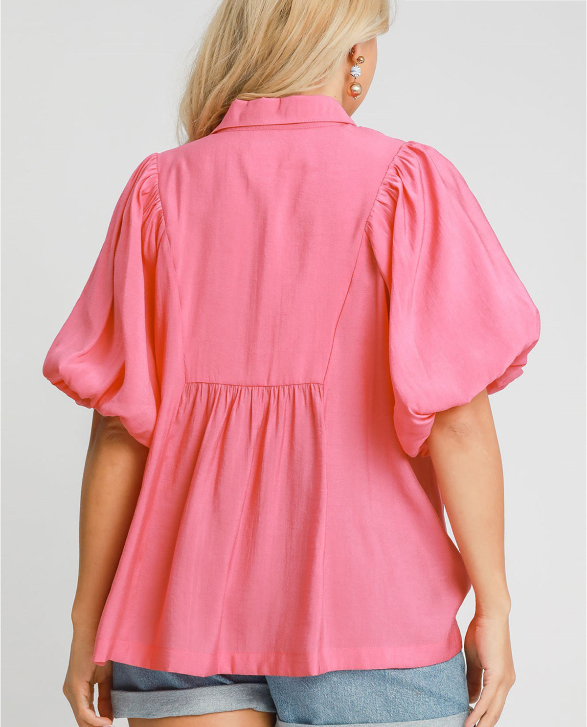 Plus Bubble Sleeve Top with Front Yoke and Smocking Details