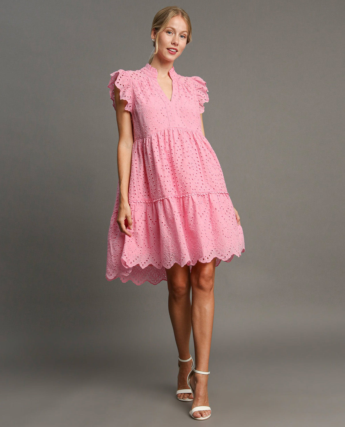 Pink V-Neck Eyelet Mini Dress