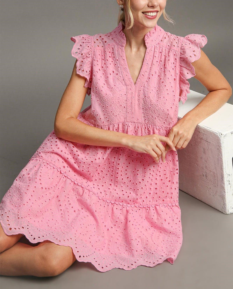 Pink V-Neck Eyelet Mini Dress