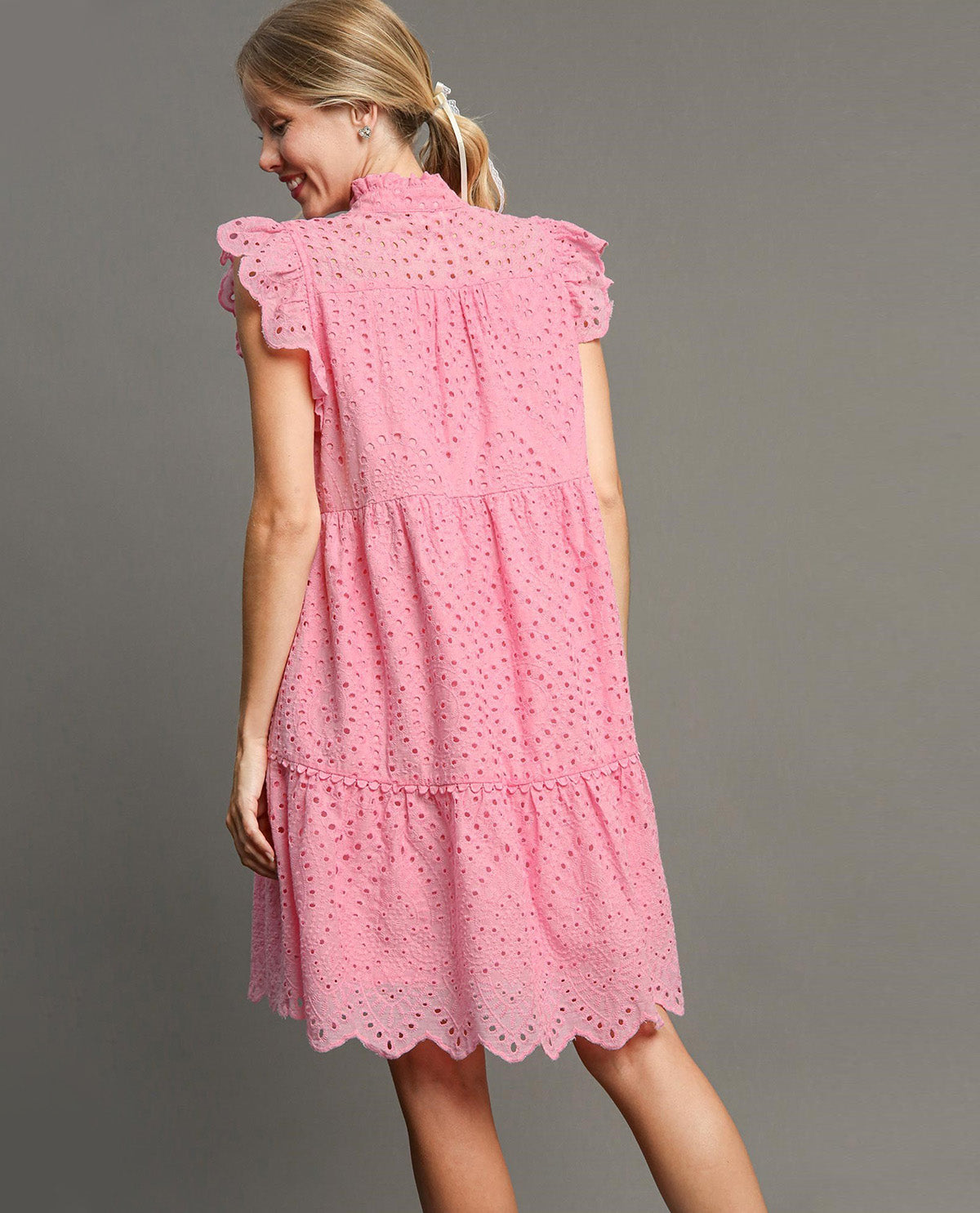 Pink V-Neck Eyelet Mini Dress