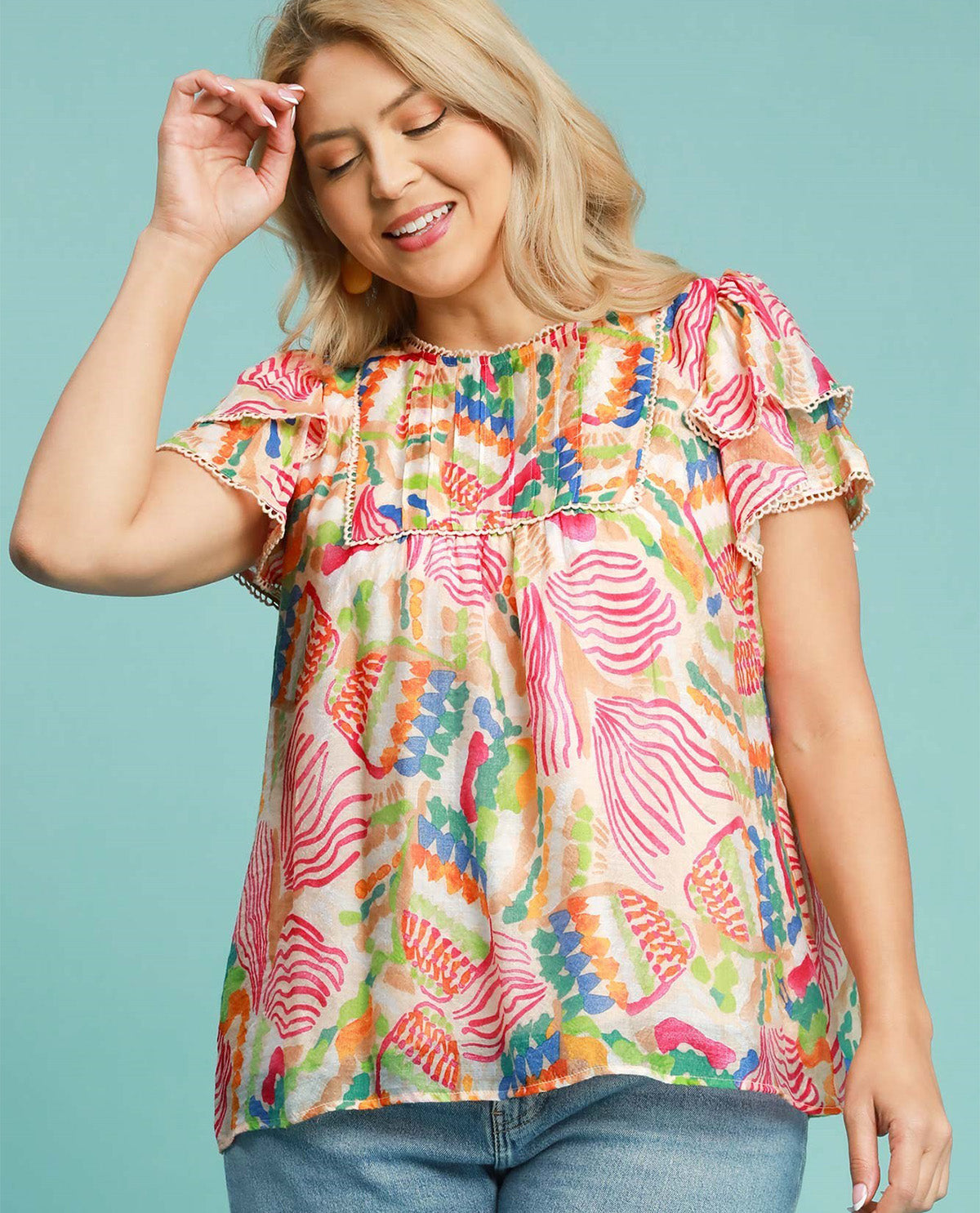 Abstract Printed Double Ruffle Sleeved Top