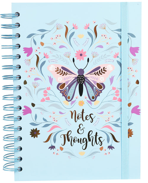 Notebook with butterfly design and 'Notes & Thoughts' text on a light blue background