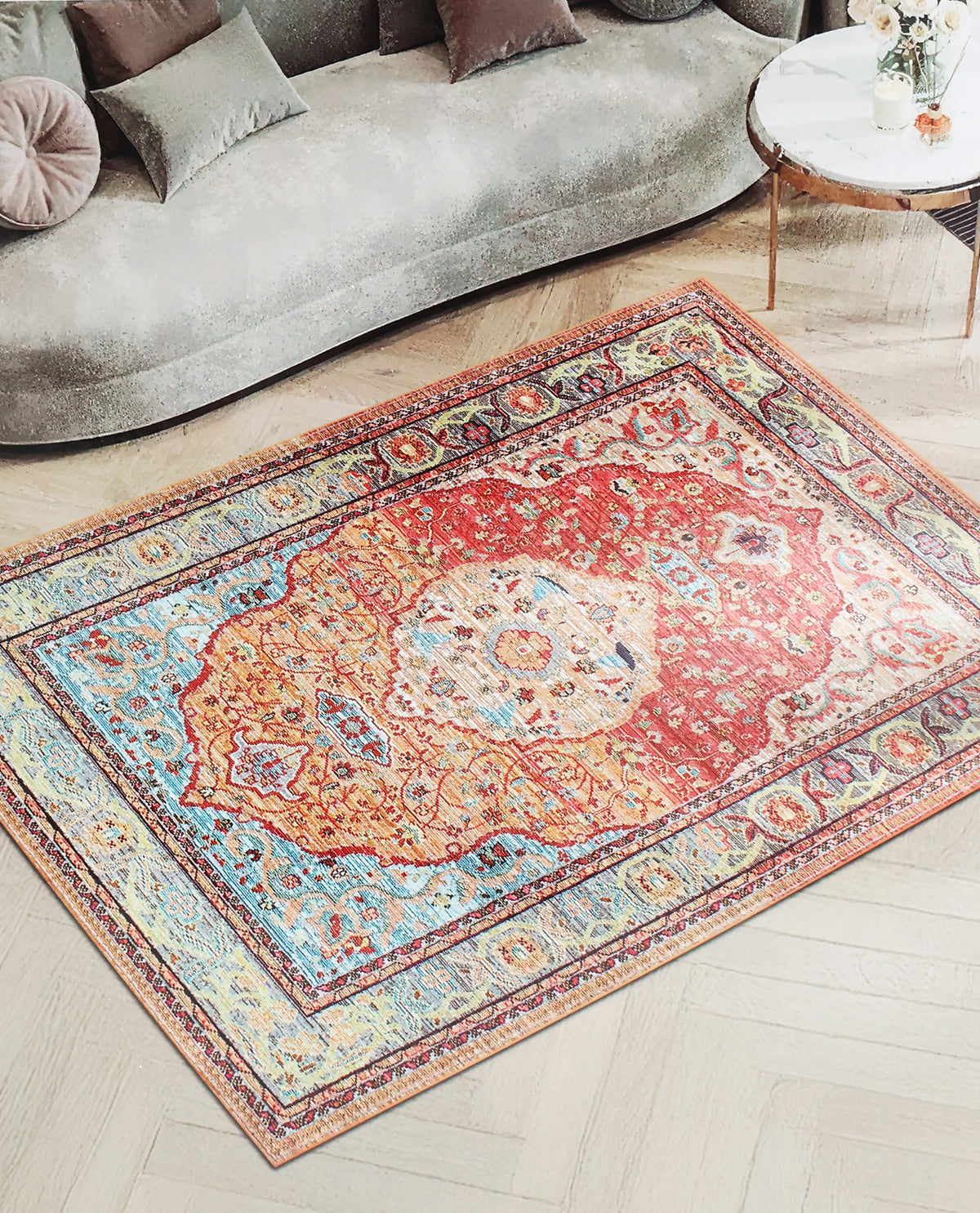 5x7 Coral & Blue Washable Decorative Area Rug