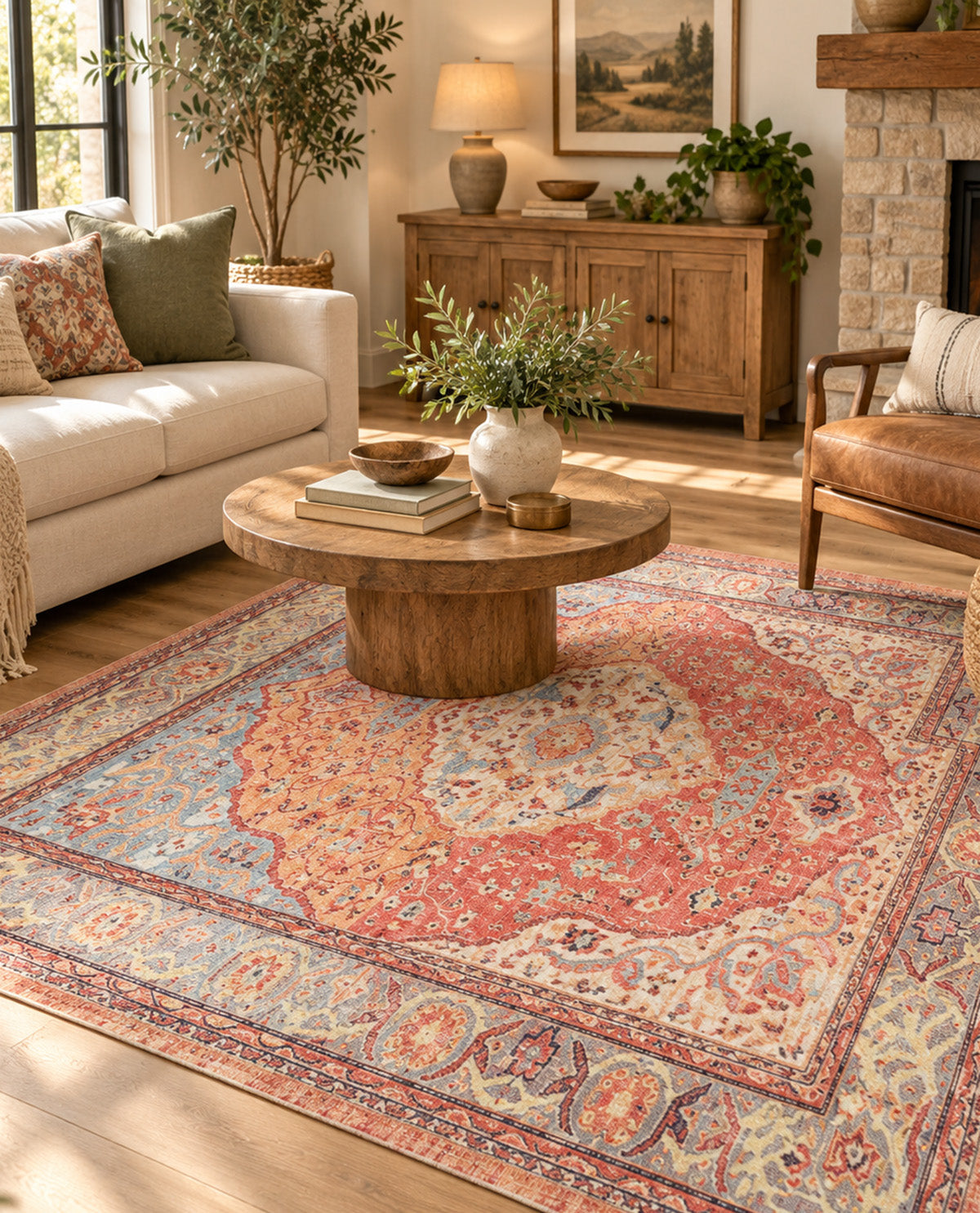 Red, Blue & Cream 5x7' Washable Rug