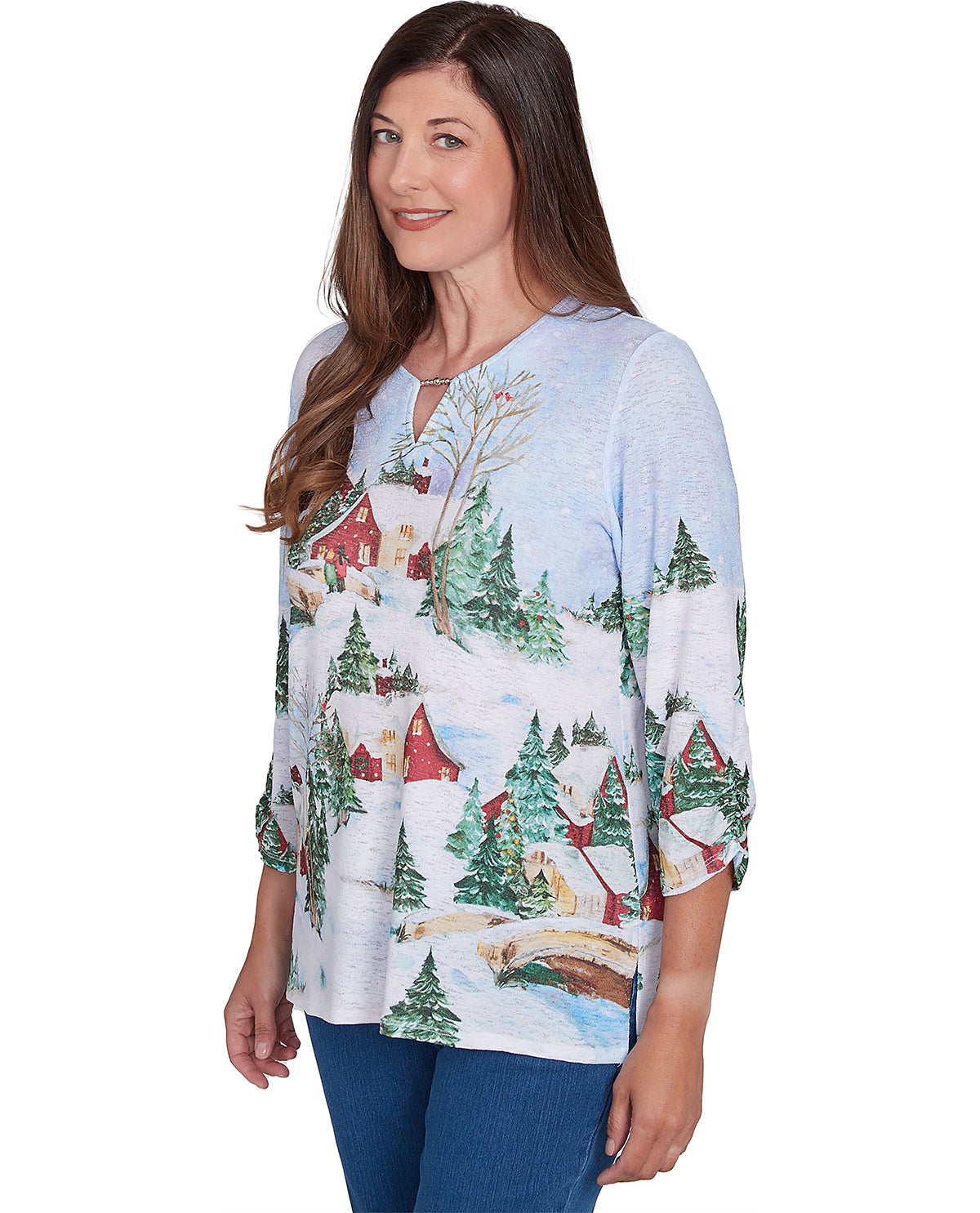 Alfred Dunner Petite Classic Christmas Barn Tie Sleeve Knit Top