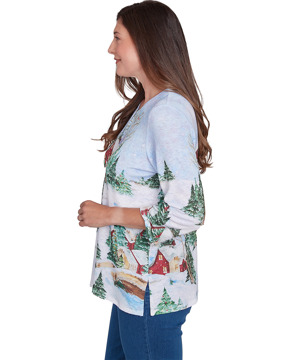 Alfred Dunner Petite Classic Christmas Barn Tie Sleeve Knit Top