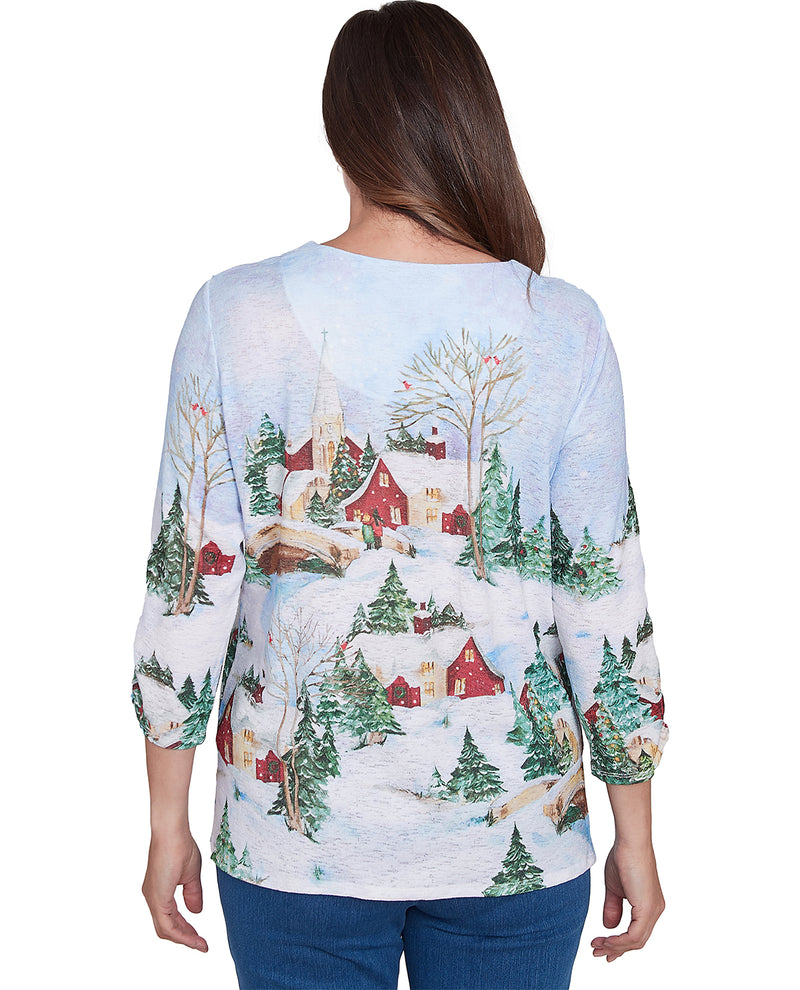 Alfred Dunner Petite Classic Christmas Barn Tie Sleeve Knit Top