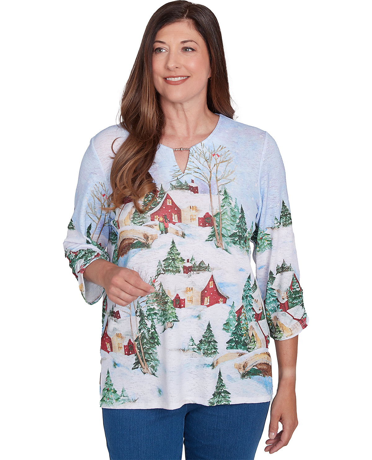 Alfred Dunner Petite Classic Christmas Barn Tie Sleeve Knit Top