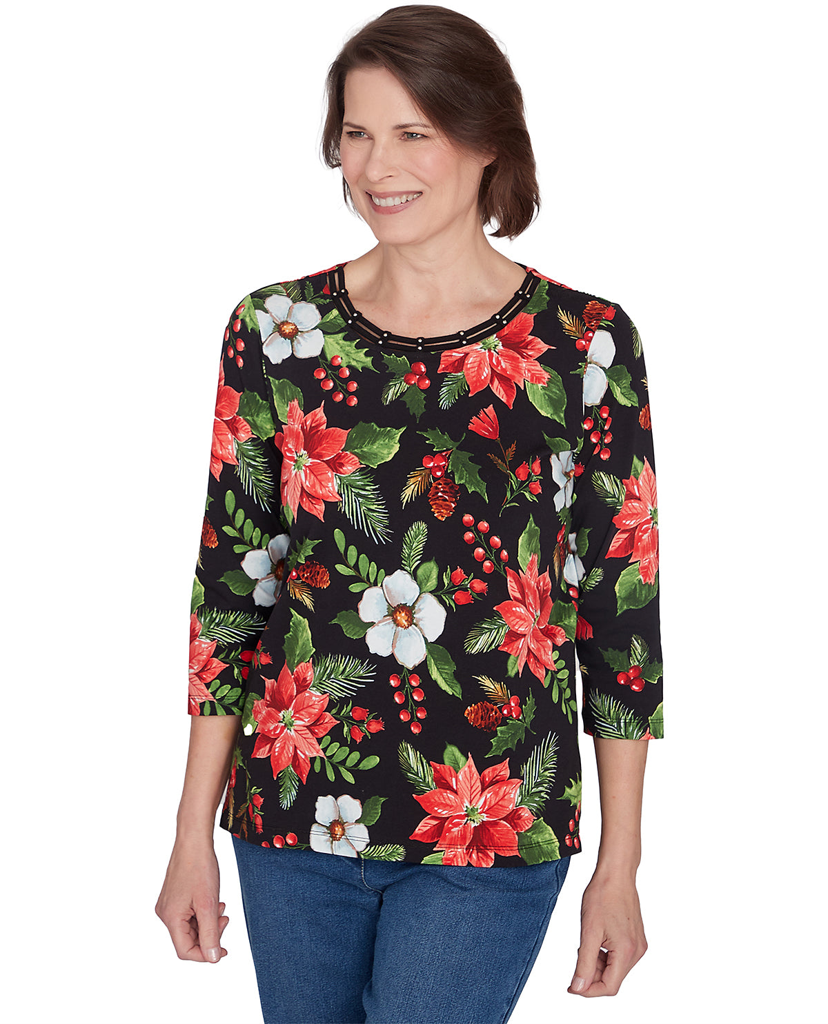 Alfred Dunner Petite Classic Poinsettias Print Knit Top