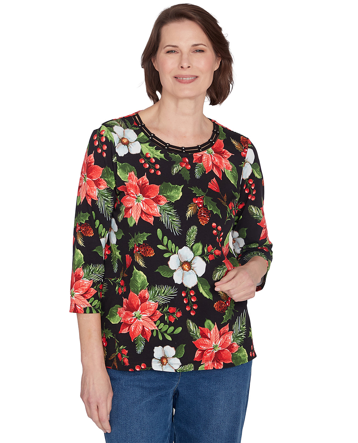 Alfred Dunner Petite Classic Poinsettias Print Knit Top
