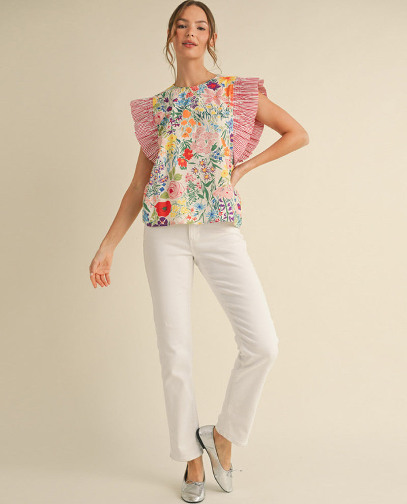 Floral Print Top with Trimming Shoulder Finish