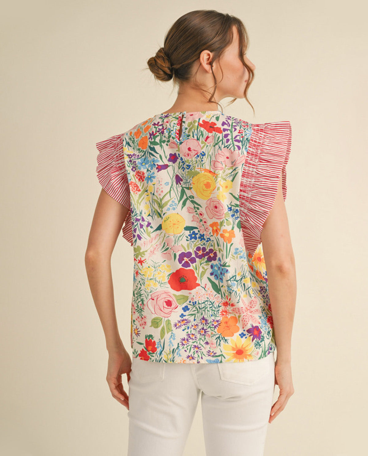 Floral Print Top with Trimming Shoulder Finish