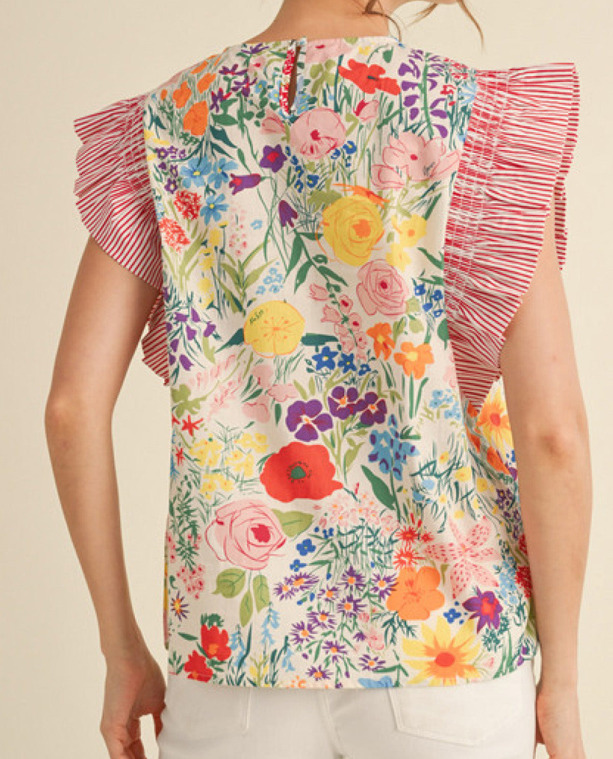 Floral Print Top with Trimming Shoulder Finish