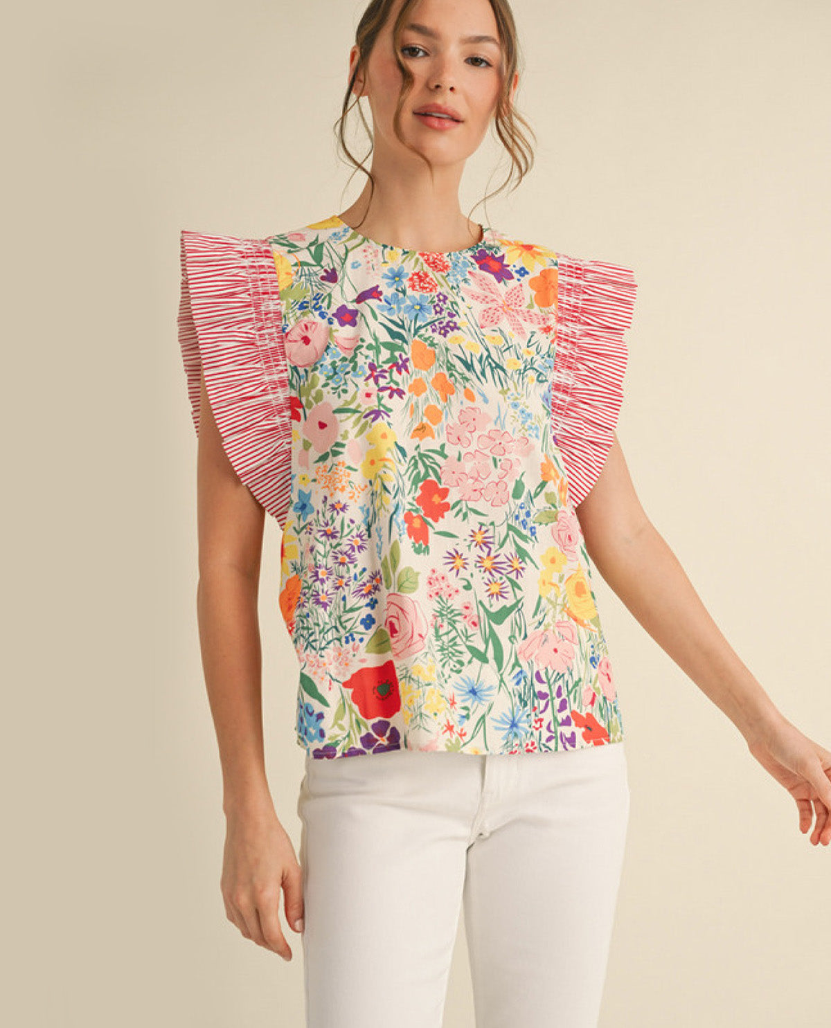 Floral Print Top with Trimming Shoulder Finish