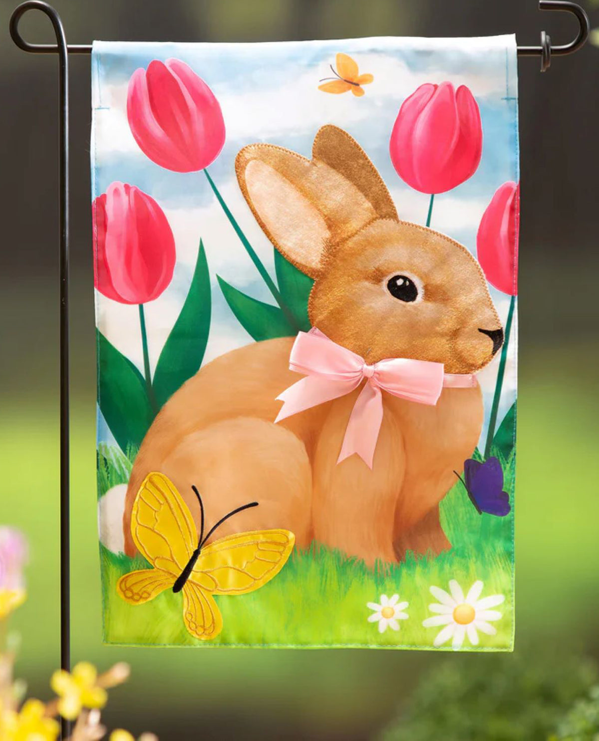 Tulips & Bunny Friend Applique Garden Flag