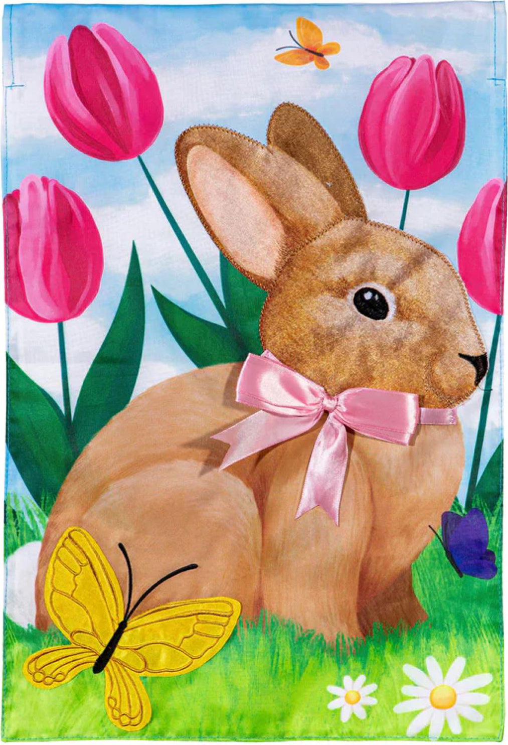 Tulips & Bunny Friend Applique Garden Flag