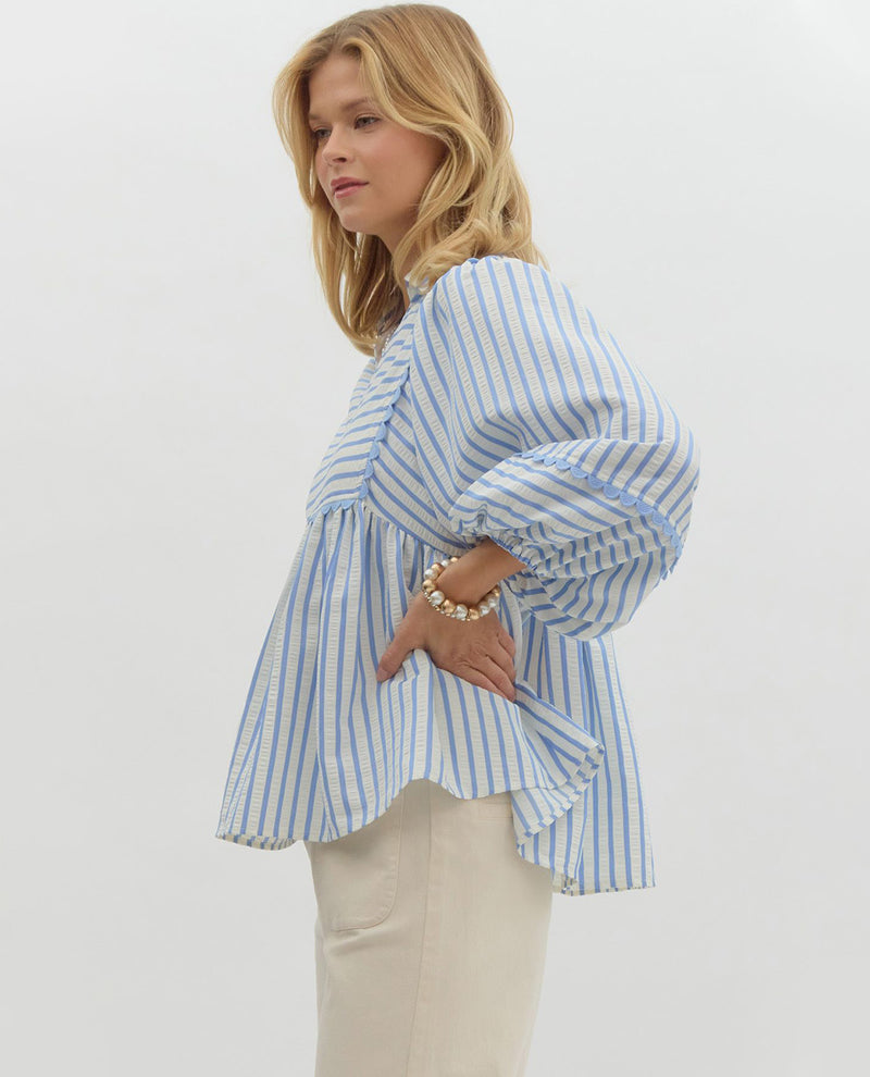 Blue Ruffle Trim Striped Top