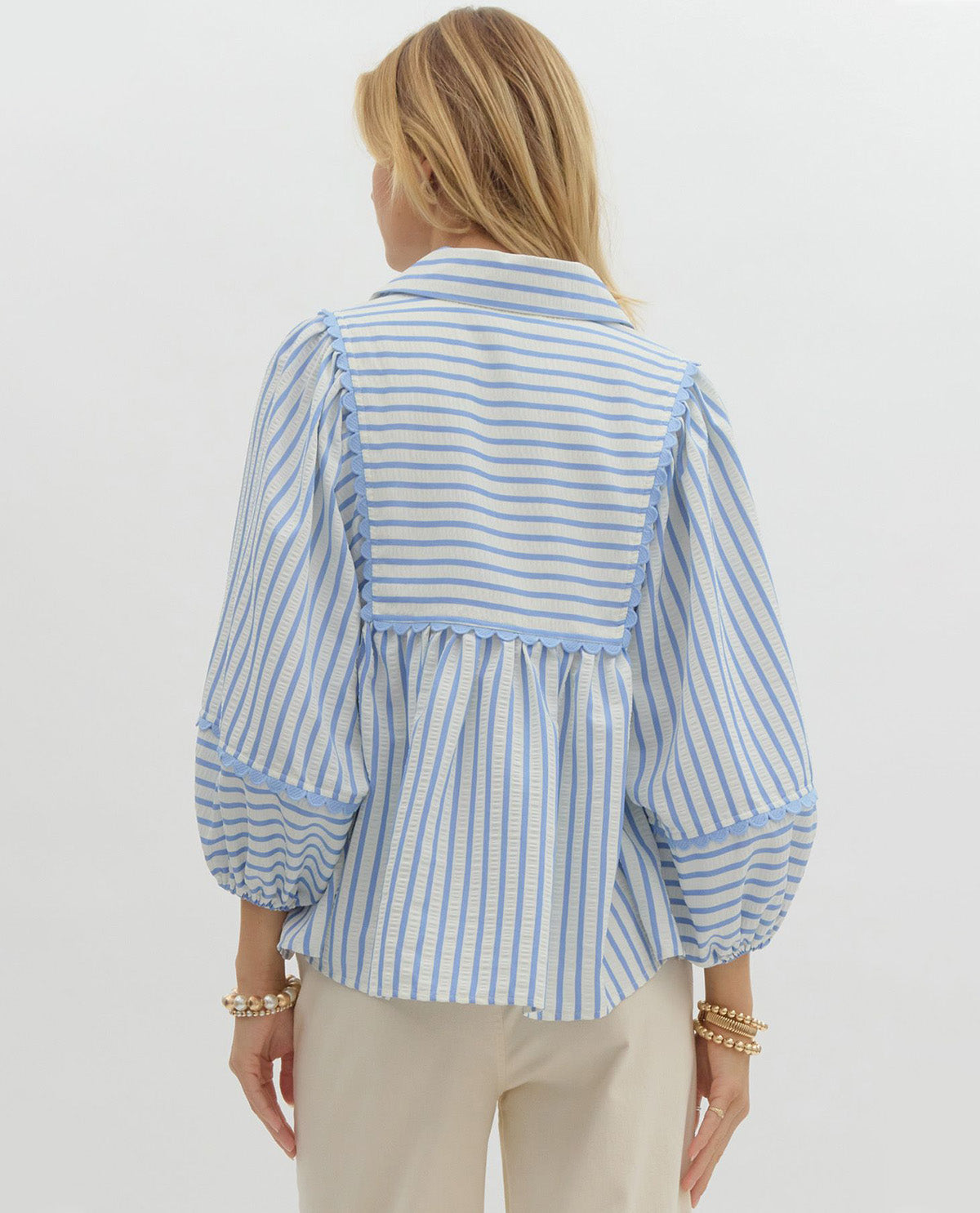 Blue Ruffle Trim Striped Top