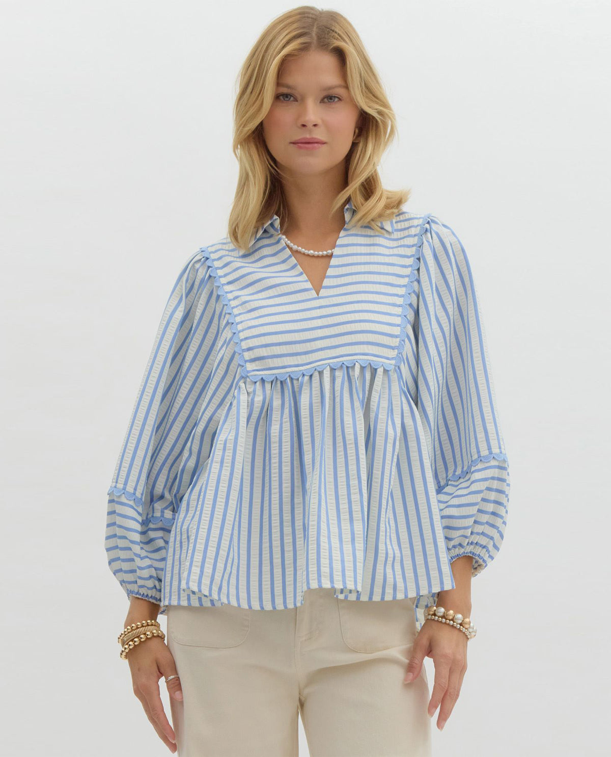 Blue Ruffle Trim Striped Top