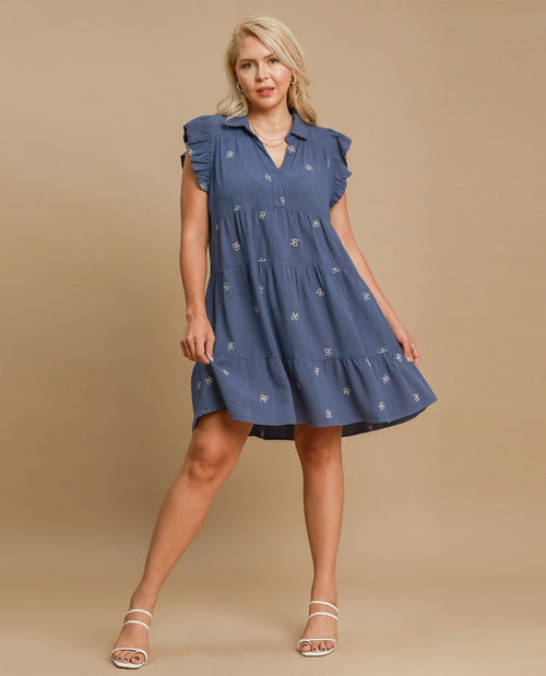 Plus Linen Ribbon Print Henley Dress