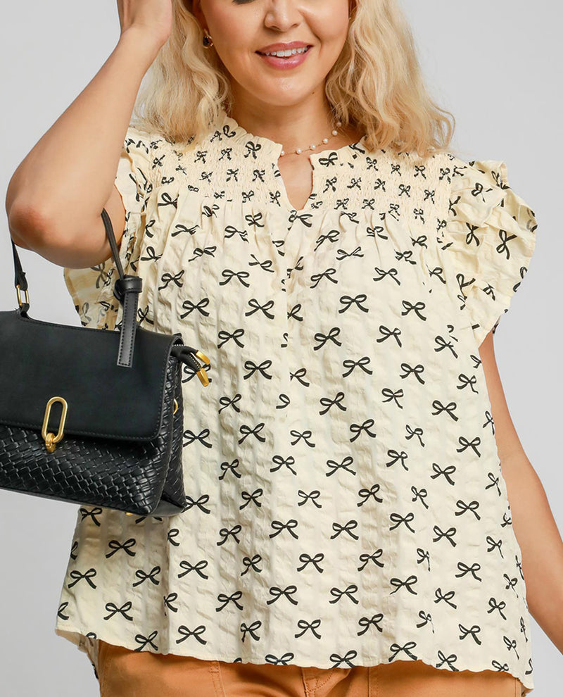 Plus Printed Ribbon Top with Ruffle Sleeves