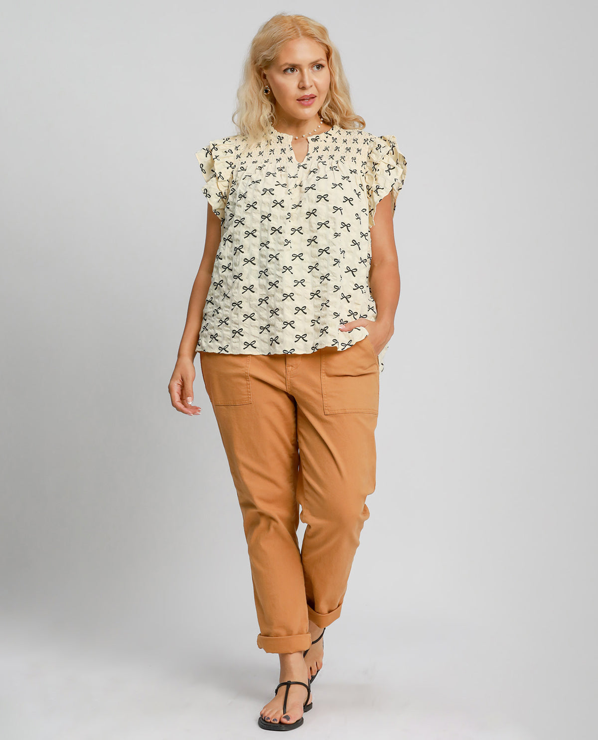 Plus Printed Ribbon Top with Ruffle Sleeves