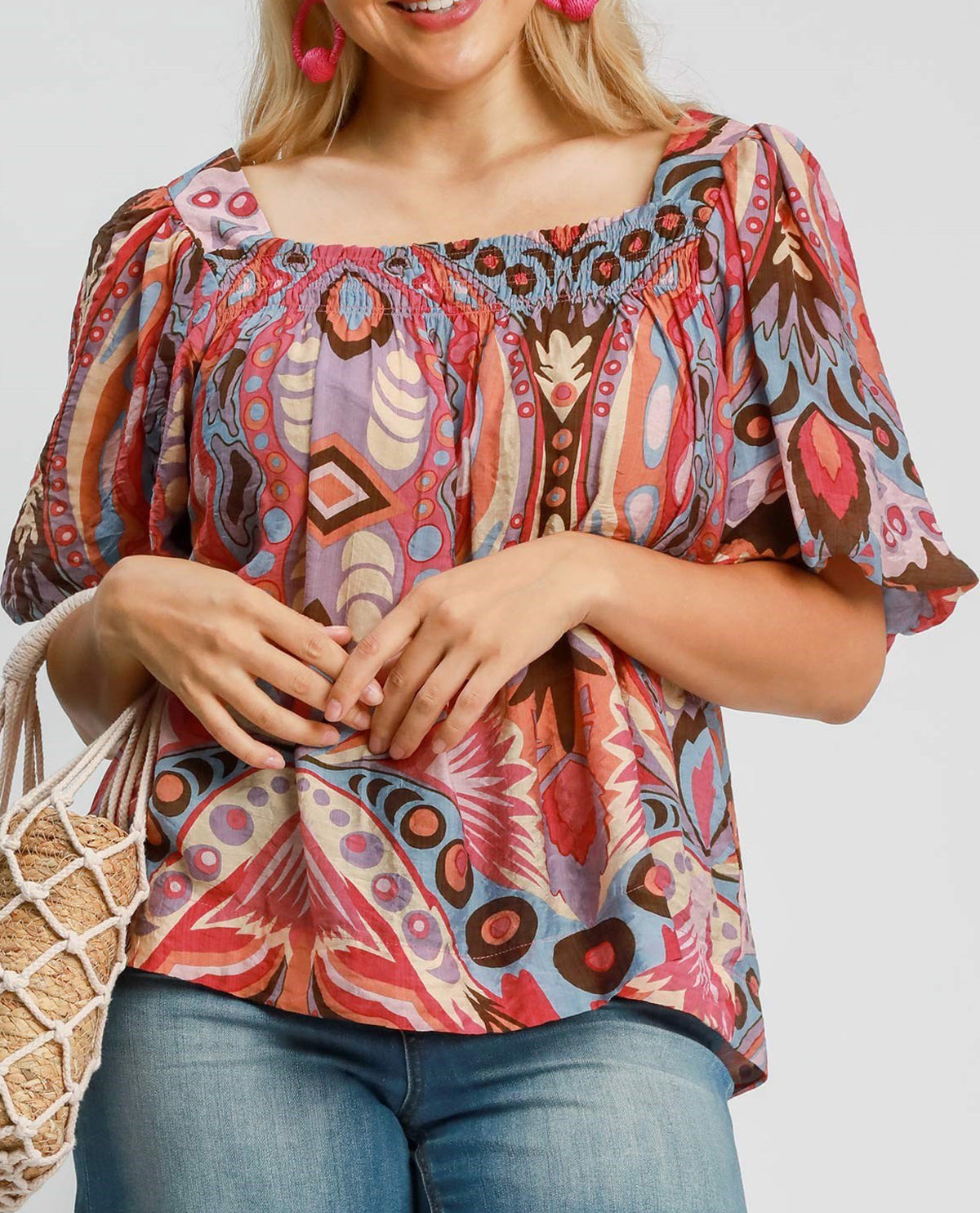 Plus Abstract Print Square Neck Top