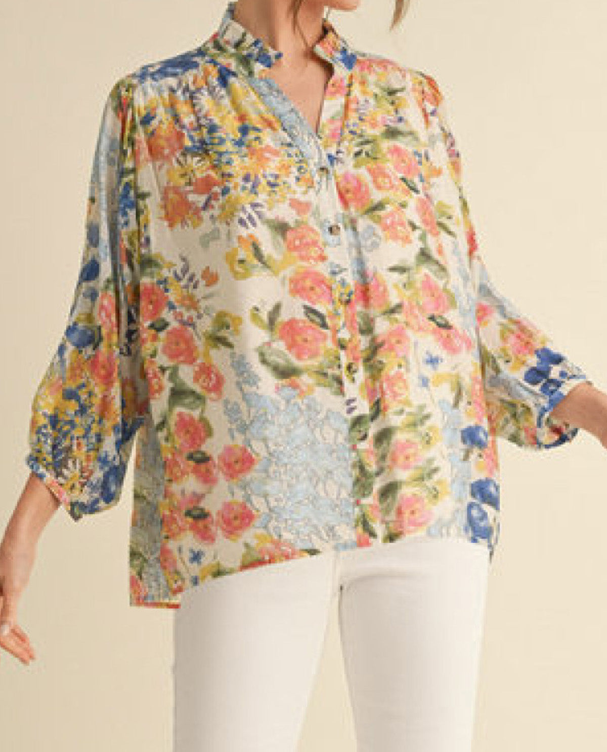 Floral Print Chiffon Button-Up Top with Frilled Details