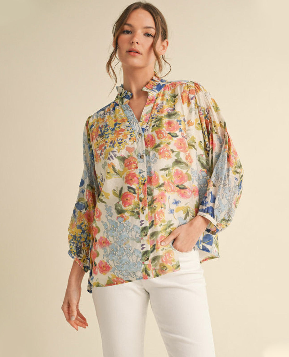 Floral Print Chiffon Button-Up Top with Frilled Details