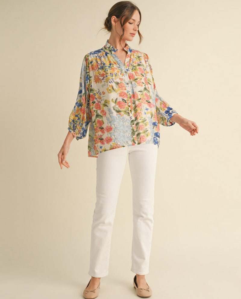 Floral Print Chiffon Button-Up Top with Frilled Details