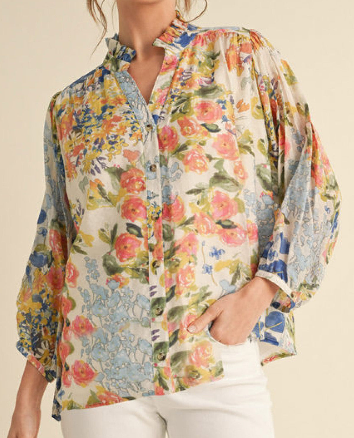 Floral Print Chiffon Button-Up Top with Frilled Details