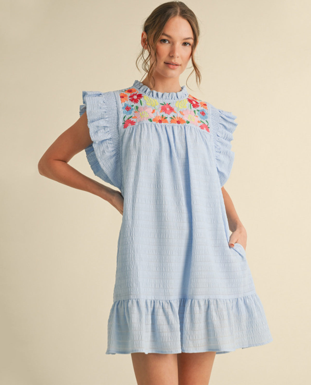 Poplin Floral Embroidered Mini Dress