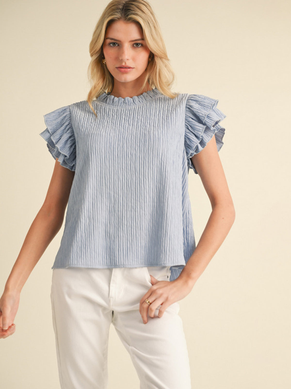 Textured Top with Frill Neck and Layered Trim