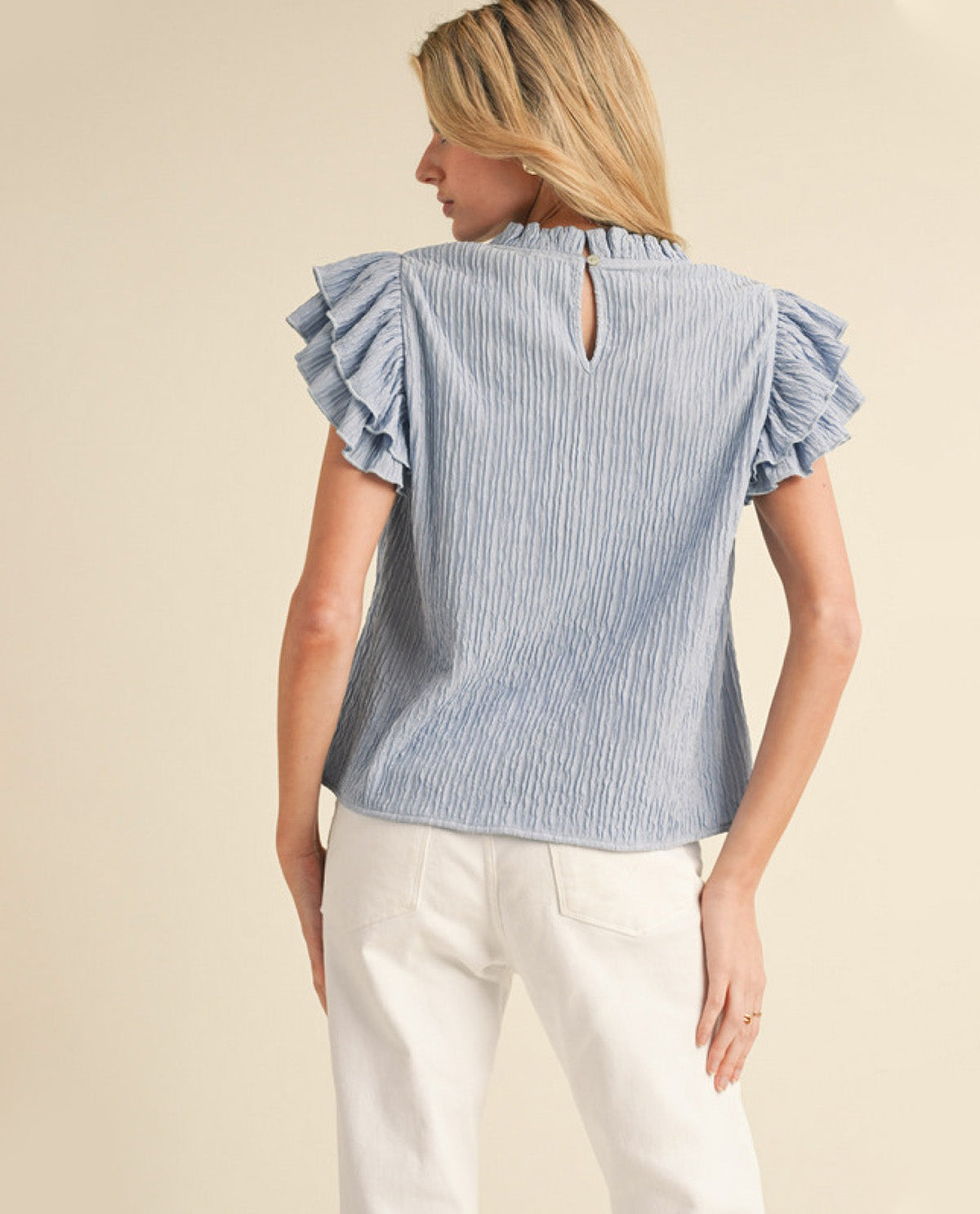 Textured Top with Frill Neck and Layered Trim