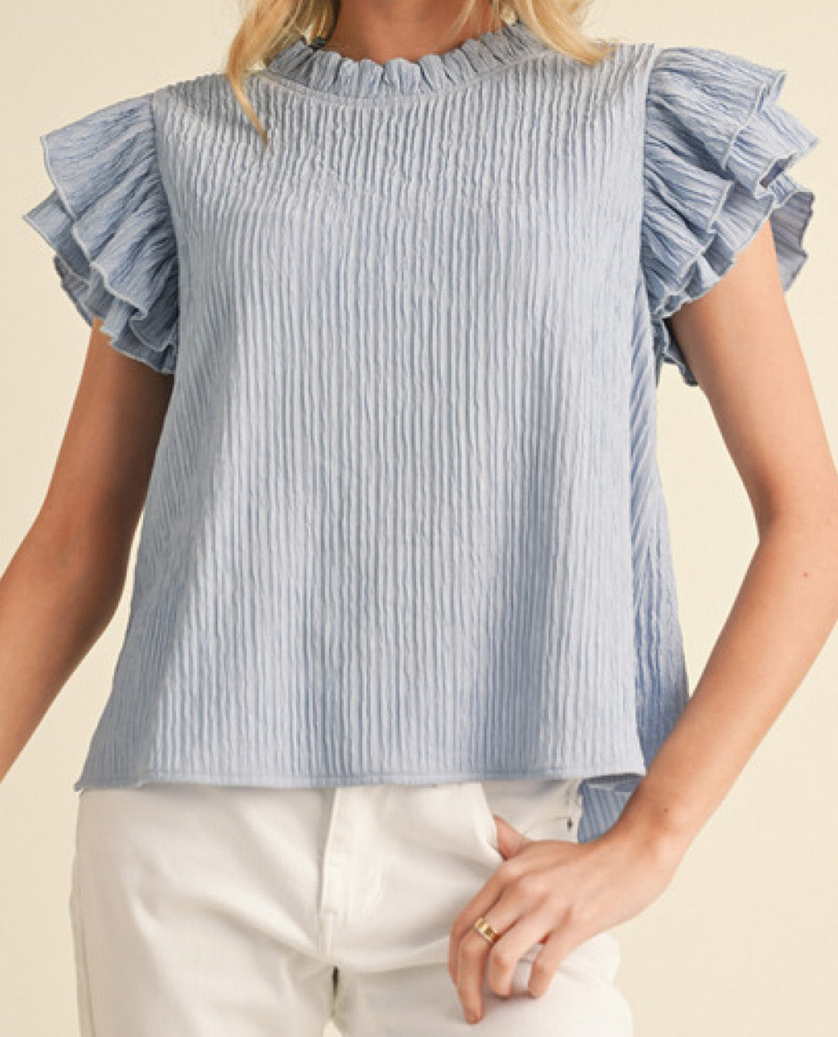 Textured Top with Frill Neck and Layered Trim